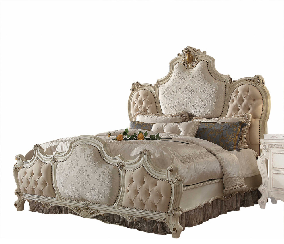 74"x89"x78" Fabric Antique Pearl Wood Poly Resin Upholstery Queen Bed