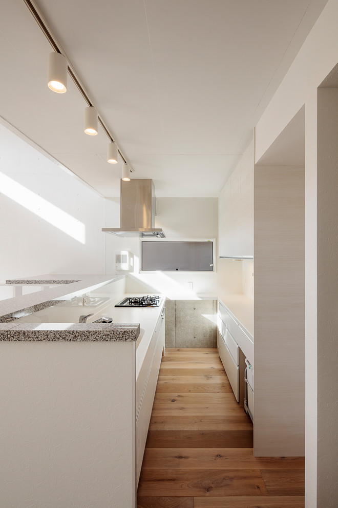 Photo of a mid-sized modern single-wall open plan kitchen in Tokyo with an integrated sink, flat-panel cabinets, white cabinets, granite benchtops, red splashback, glass sheet splashback, panelled appliances, medium hardwood floors, with island, grey benchtop and multi-coloured floor.