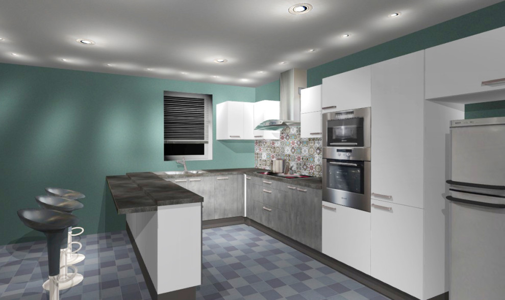 Inspiration for a mid-sized modern u-shaped cement tile floor, white floor and exposed beam open concept kitchen remodel with a double-bowl sink, flat-panel cabinets, white cabinets, granite countertops, white backsplash, ceramic backsplash, black appliances, an island and gray countertops