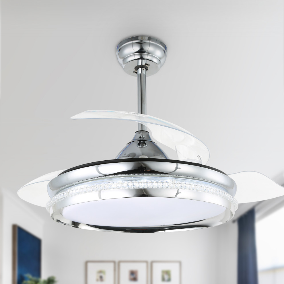 42" Modern Retractable Crystal Ceiling Fan with Remote Control and LED Light, Chrome