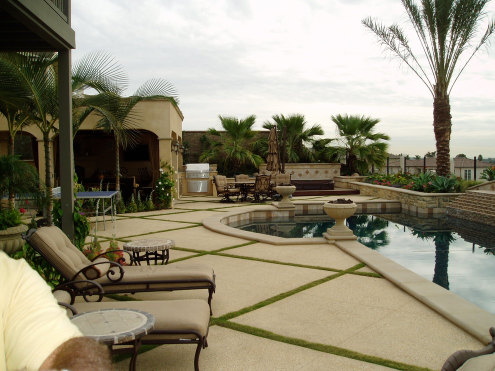 Inspiration for a large mediterranean backyard custom-shaped natural pool in San Diego with concrete slab.