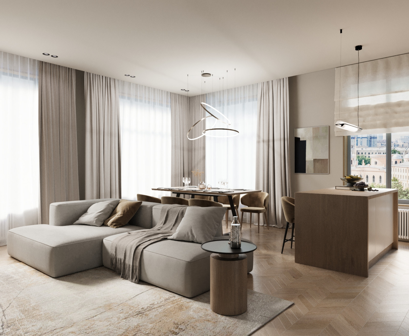 Современный минимализм кухня-гостинная