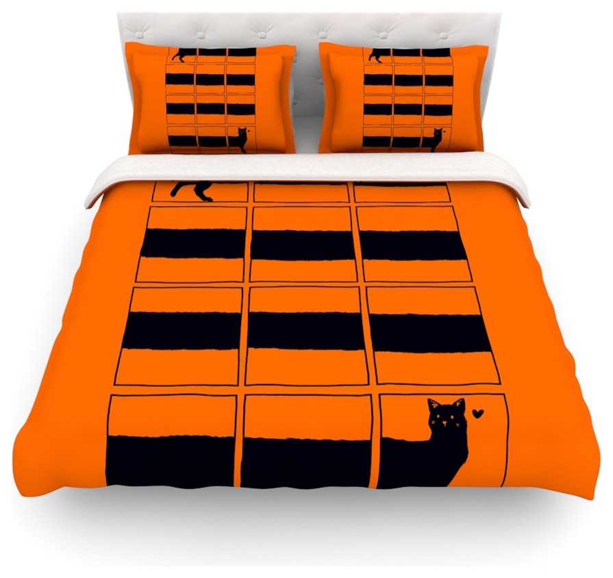 Tobe Fonseca The Long Cat Is Long Orange Black Duvet Cover