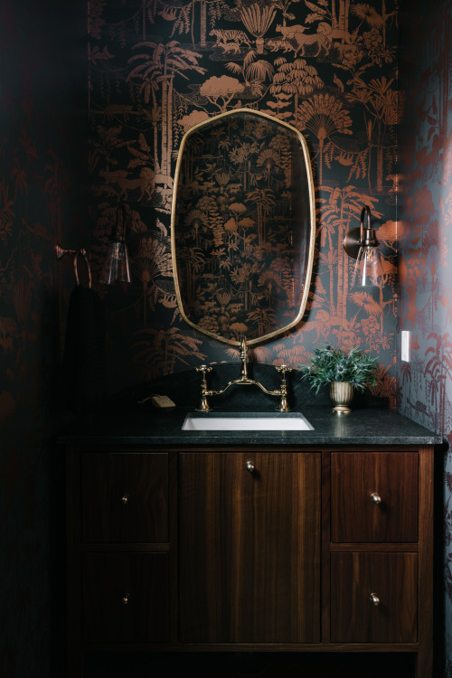 Mid-sized transitional brick floor, brown floor and wallpaper powder room photo in Salt Lake City with beaded inset cabinets, dark wood cabinets, a one-piece toilet, multicolored walls, a drop-in sink, marble countertops, blue countertops and a freestanding vanity