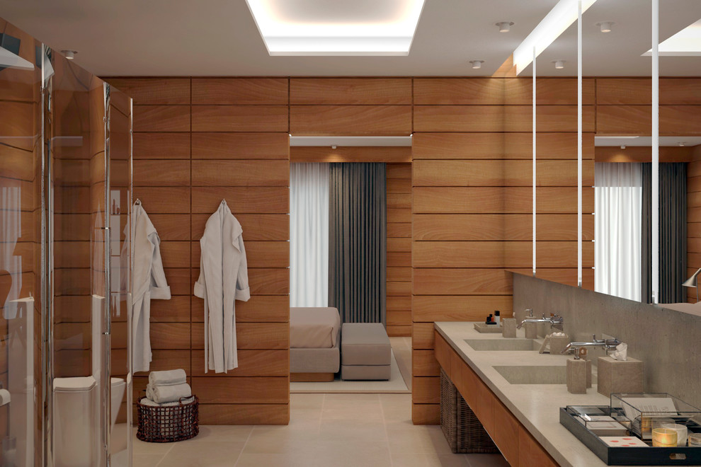 Inspiration for a mid-sized contemporary master bathroom in Madrid with open cabinets, medium wood cabinets, an alcove tub, a double shower, a two-piece toilet, beige tile, ceramic tile, brown walls, ceramic floors, a drop-in sink, concrete benchtops, beige floor and a hinged shower door.