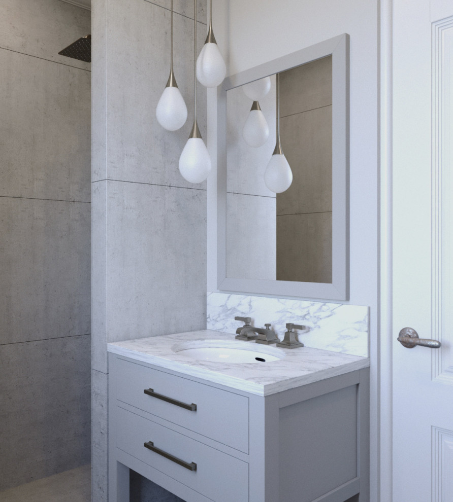 Photo of a mid-sized contemporary kids bathroom in Hertfordshire with flat-panel cabinets, grey cabinets, gray tile, grey walls, cement tiles, a drop-in sink, marble benchtops, grey floor, grey benchtops, a single vanity and a built-in vanity.