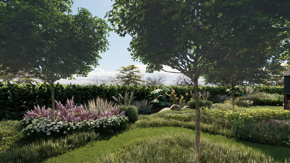 Пример оригинального дизайна: большой солнечный, весенний участок и сад на заднем дворе в стиле кантри с хорошей освещенностью