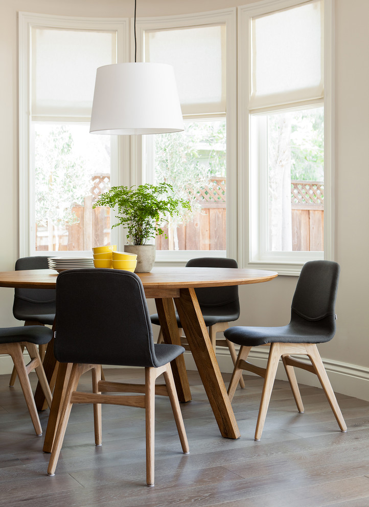 Mid-sized trendy medium tone wood floor dining room photo in San Francisco with white walls