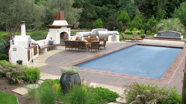 Concrete Pool Deck With Rumford Fireplace Outdoor Kitchen Bocci