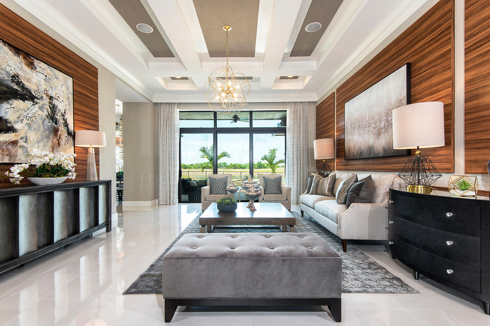 Transitional formal living room in Tampa with white walls, porcelain floors, white floor, recessed and panelled walls.