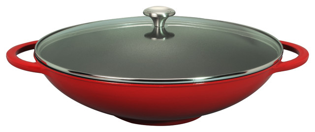French Enameled Cast Iron Wok With Glass Lid Traditional Woks And 