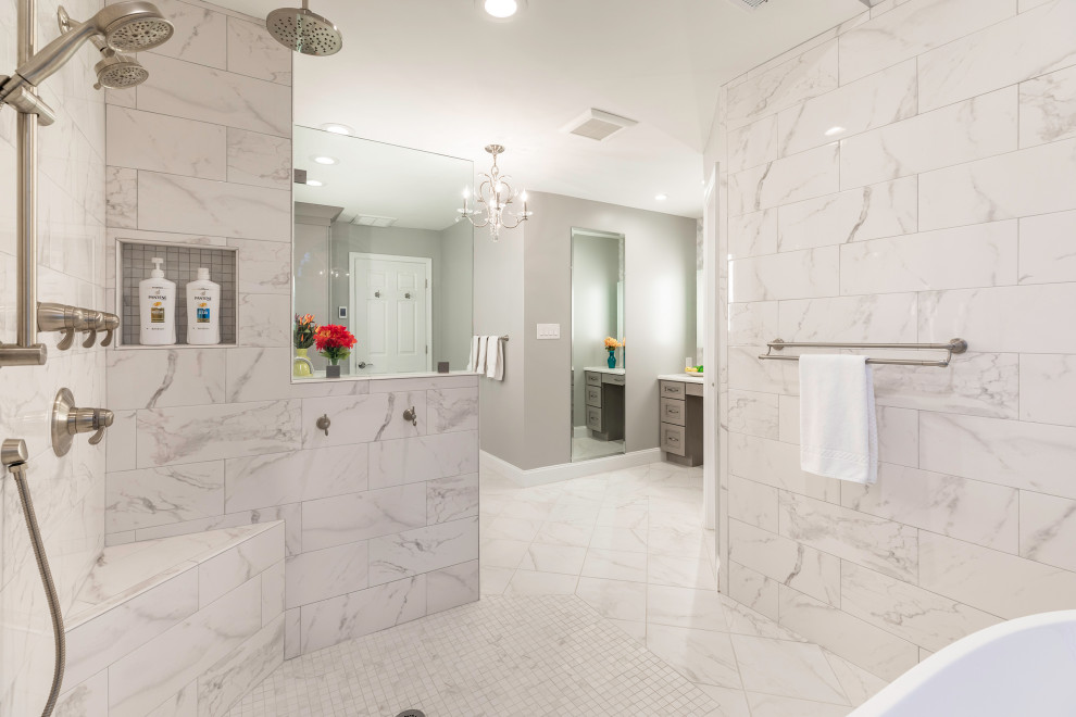 Design ideas for an expansive traditional ensuite bathroom in DC Metro with a freestanding bath, a submerged sink, an open shower, double sinks, shaker cabinets, grey cabinets, a walk-in shower, marble worktops, white worktops, an enclosed toilet and a built in vanity unit.