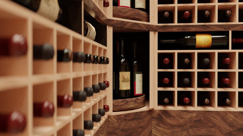 Réalisation d'une petite cave à vin design avec un présentoir.