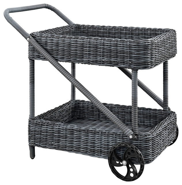 Summon Outdoor Wicker Rattan Beverage Cart, Gray Tropical Outdoor
