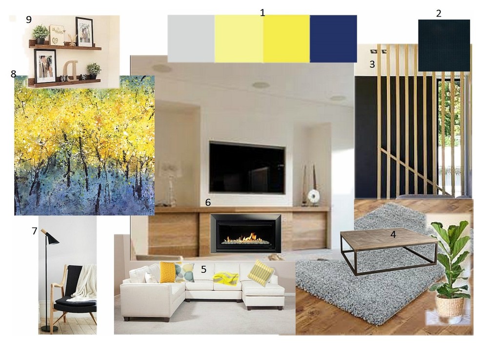 This is an example of a modern open concept living room in Sydney with yellow walls, medium hardwood floors, a standard fireplace, a metal fireplace surround and a built-in media wall.