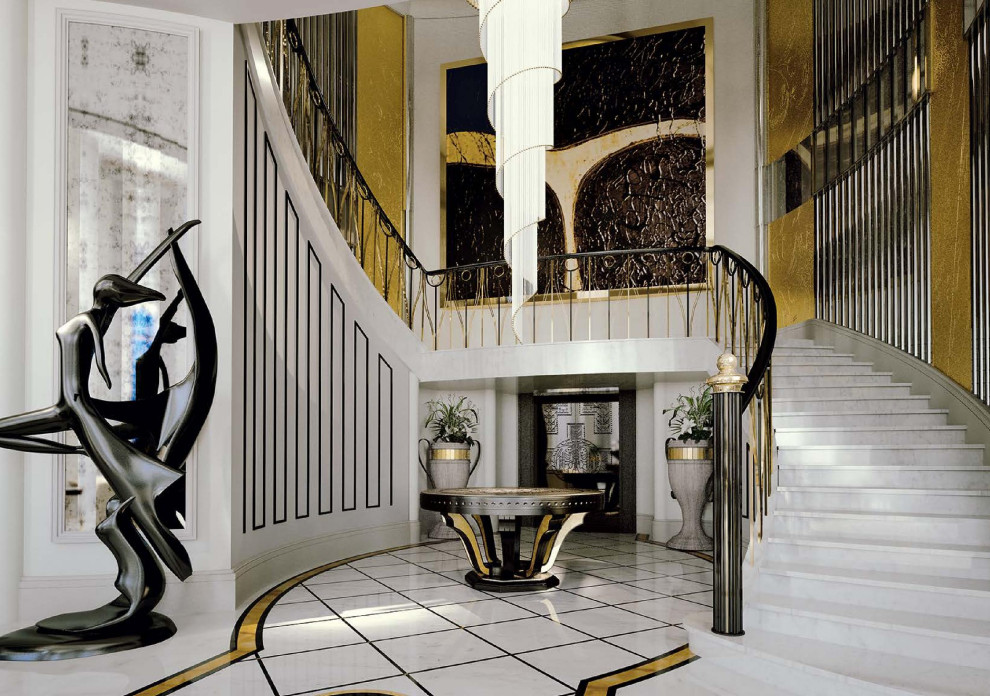 Gewendelte, Mittelgroße Moderne Marmortreppe mit Marmor-Setzstufen, Stahlgeländer und Wandpaneelen in Sonstige
