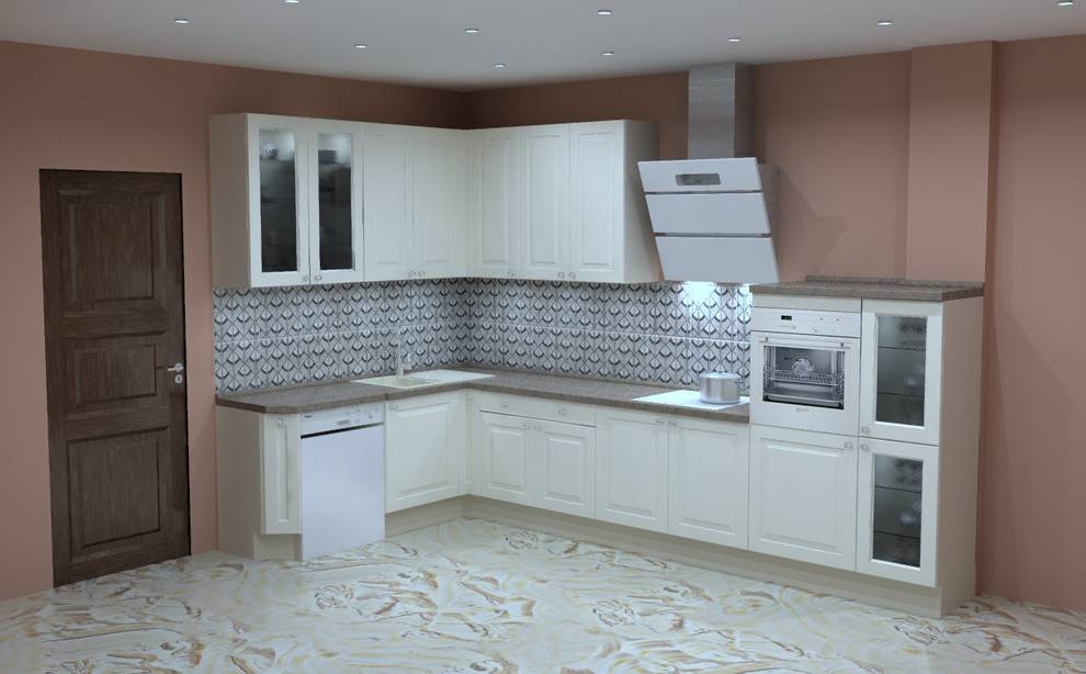 Design ideas for a mid-sized traditional l-shaped eat-in kitchen in Other with a drop-in sink, raised-panel cabinets, white cabinets, solid surface benchtops, multi-coloured splashback, glass sheet splashback, white appliances, porcelain floors and no island.