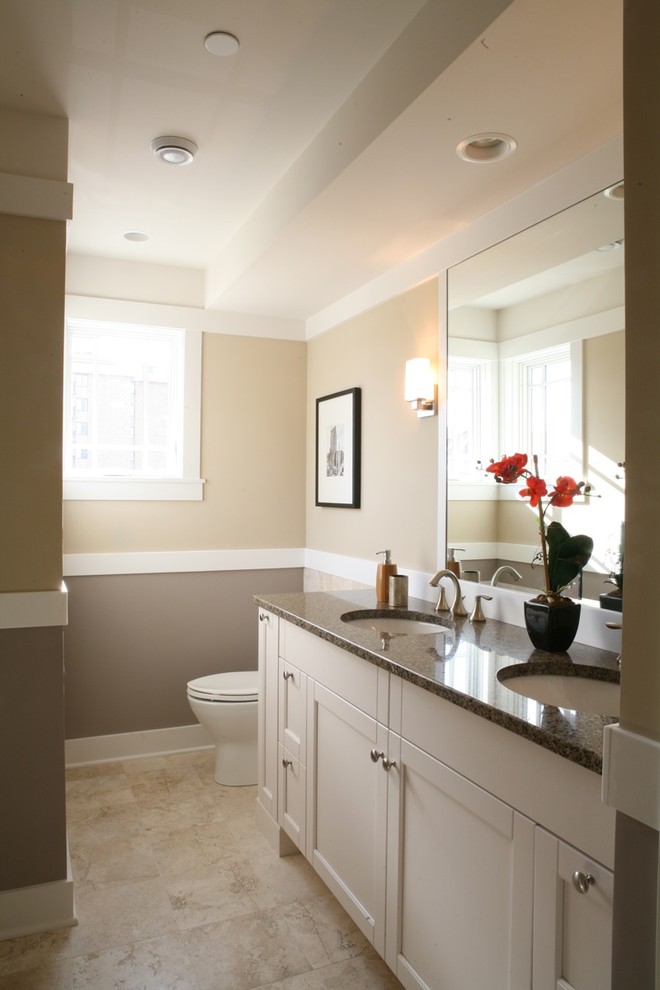 This is an example of a traditional bathroom in Chicago with an undermount sink, shaker cabinets and white cabinets.