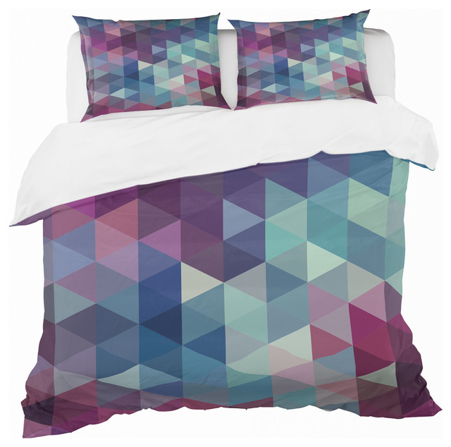 Triangular Geometry In Shades Of Blue And Magenta Modern Duvet