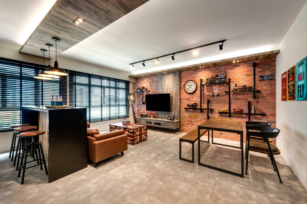Photo of an industrial family room in Singapore with white walls, no fireplace and a wall-mounted tv.