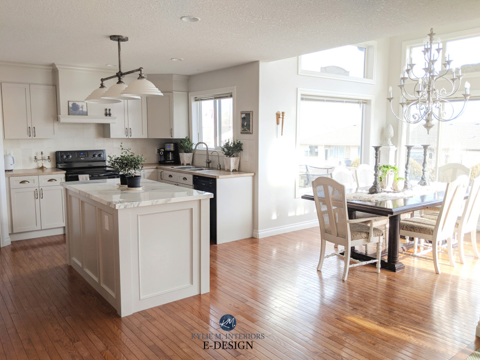 Inspiration for a mid-sized transitional u-shaped medium tone wood floor open concept kitchen remodel with a drop-in sink, shaker cabinets, gray cabinets, laminate countertops, gray backsplash, porcelain backsplash, stainless steel appliances, an island and beige countertops