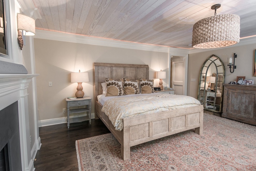 Inspiration for a mid-sized beach style master bedroom in New York with beige walls, dark hardwood floors, no fireplace and a stone fireplace surround.