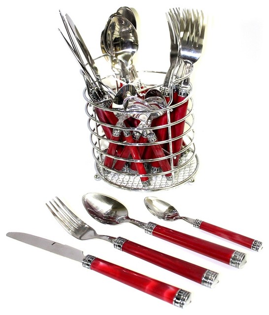 Flatware Set with Red Marble Design Handles & Round Caddy Transitional Flatware And