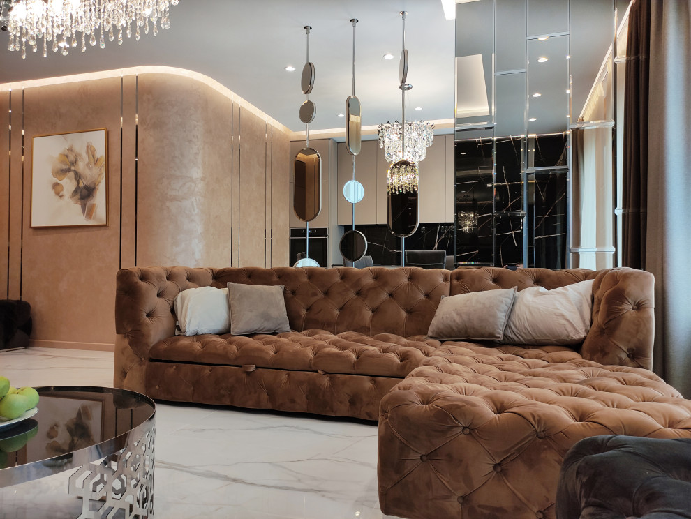 Medium sized contemporary open plan living room in Moscow with a home bar, beige walls, porcelain flooring and white floors.
