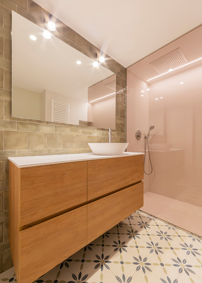 Medium sized modern bathroom in Other with white cabinets, an urinal, beige tiles, ceramic flooring, beige floors and a built in vanity unit.