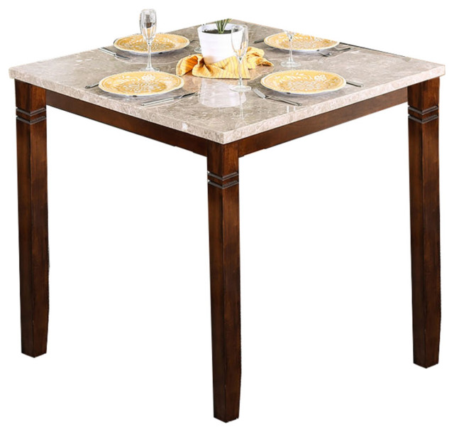Square Marble Top Counter Height Table with Chamfered Feet, Beige and Brown Transitional