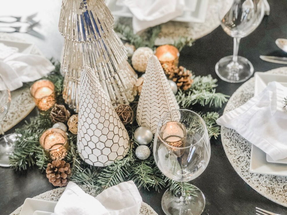 STEP 3. SELECT YOUR CANDLE-LIT ACCENT  In both table settings we chose to use small colored mercury glass votives which added varied heights to centerpiece. This also gave us an opportunity to add a p