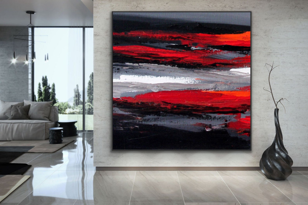 "Track" 60x60 IN Black red gray abstract Art Large Modern Painting MADE TO ORDER