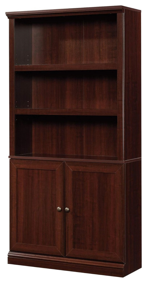 Farmhouse Bookcase, 3 Open Shelves With Framed Doors Cabinet, Cherry Finish