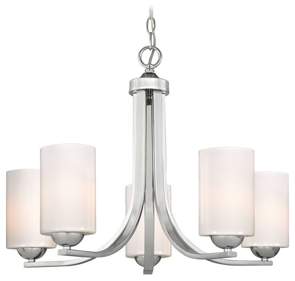Polished Chrome Chandelier with Opal White Cylinder Glass Shades