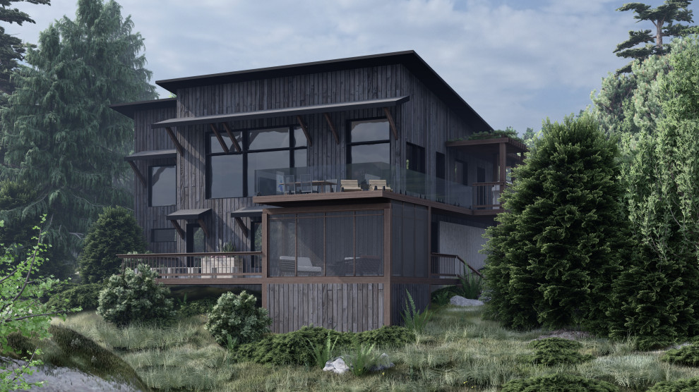 Идея дизайна: одноэтажный, деревянный, черный частный загородный дом среднего размера в современном стиле с односкатной крышей, металлической крышей и черной крышей