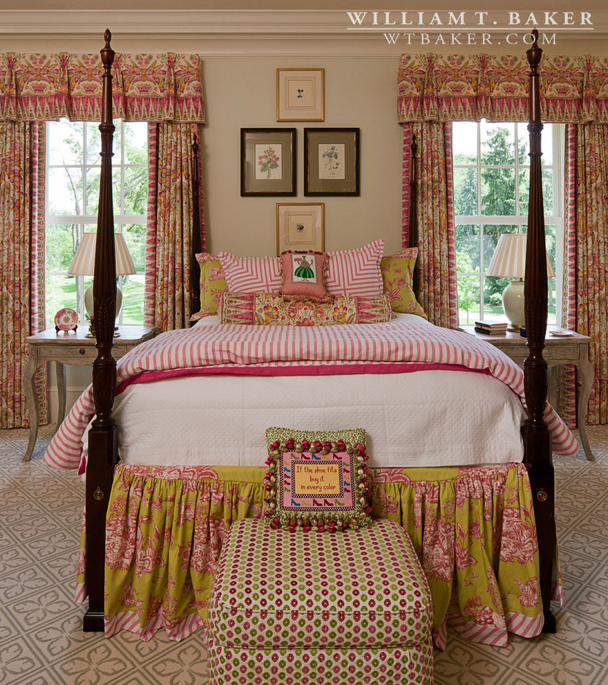 This is an example of a large traditional guest bedroom in Atlanta with beige walls and dark hardwood floors.