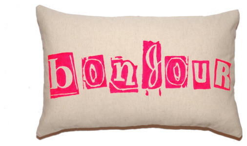 Neon Pink 'Bonjour' French Coton Canvas Pillow Cover by g.G.L. in Paris