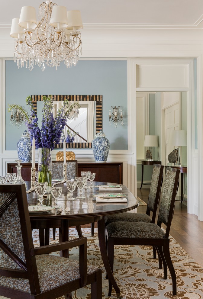 This is an example of a mid-sized transitional open plan dining in Boston with grey walls, medium hardwood floors, no fireplace and brown floor.