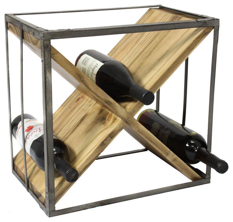 X-Shaped Wine Rack, Natural Wood and Metal