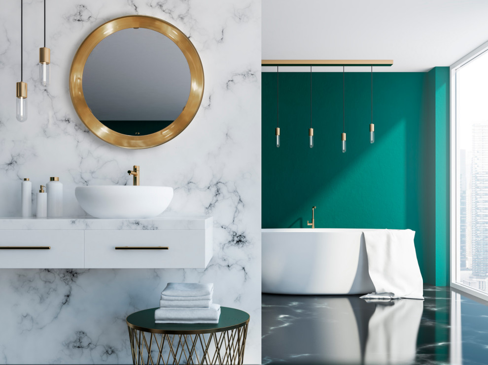 コペンハーゲンにある北欧スタイルのおしゃれなトイレ・洗面所 (モノトーンのタイル、大理石タイル、白い壁、淡色無垢フローリング、オーバーカウンターシンク、大理石の洗面台、黒い床、白い洗面カウンター) の写真