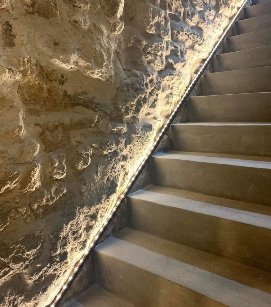 高級な中くらいなインダストリアルスタイルのおしゃれな直階段 (コンクリートの蹴込み板) の写真