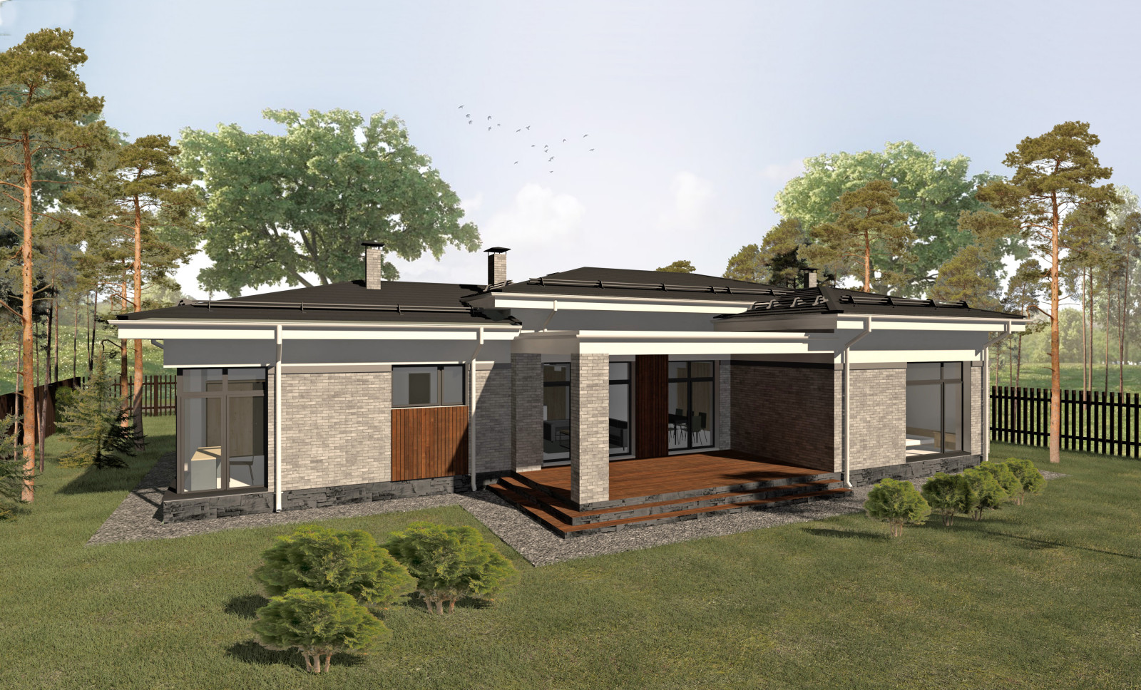 Одноэтажный дом в стиле Райта