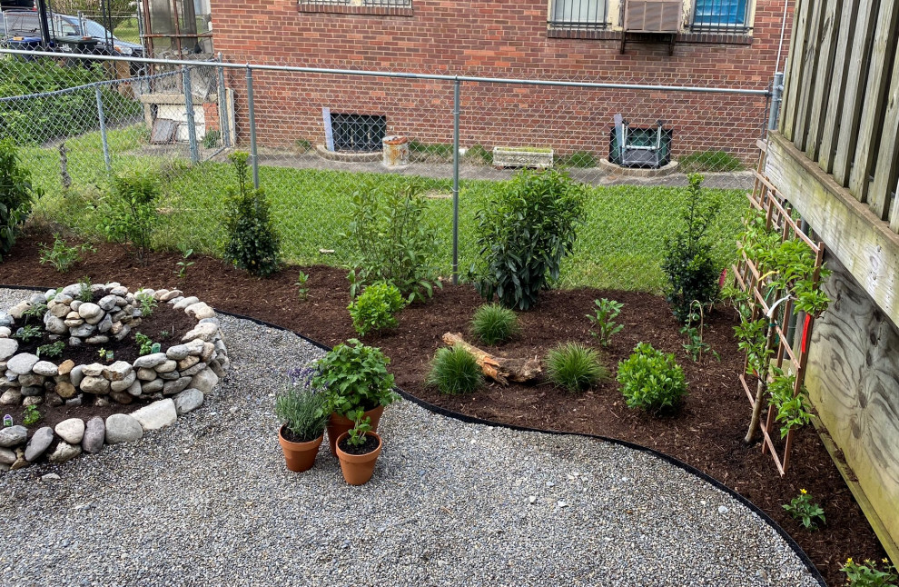 This is an example of a mid-sized contemporary backyard full sun xeriscape for spring in DC Metro with a vegetable garden and gravel.