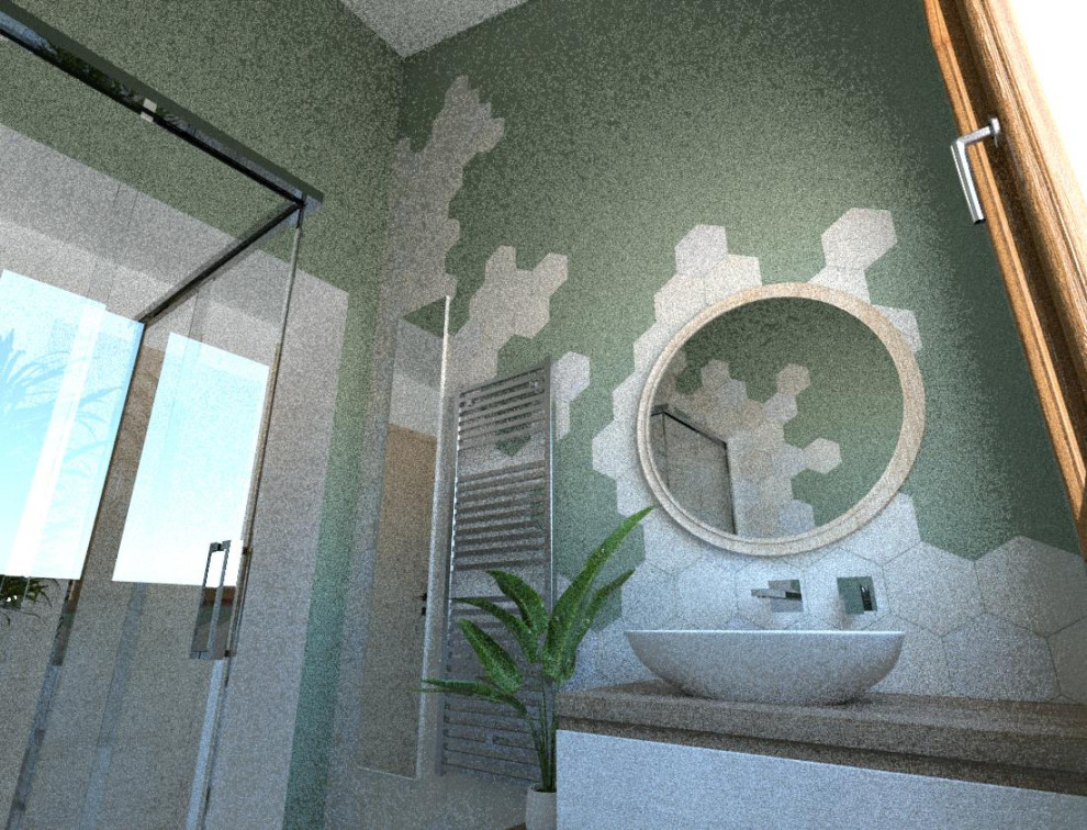 Идея дизайна: маленькая ванная комната в классическом стиле с фасадами островного типа, бежевыми фасадами, душем без бортиков, серой плиткой, удлиненной плиткой, разноцветными стенами, мраморным полом, душевой кабиной, настольной раковиной, столешницей из дерева, розовым полом, душем с раздвижными дверями, коричневой столешницей, тумбой под одну раковину, подвесной тумбой и деревянным потолком для на участке и в саду