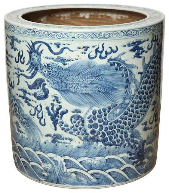 Large Blue And White Export Fish Bowl Planter Asian Indoor Pots Large Blue And White Export Fish Bowl Planter