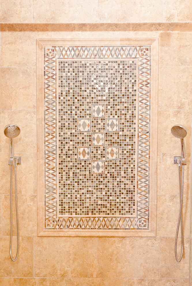 Example of a large transitional master beige tile and stone tile travertine floor double shower design in Chicago with recessed-panel cabinets, medium tone wood cabinets, a two-piece toilet, beige walls, an undermount sink and granite countertops