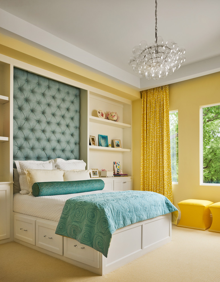 Design ideas for a contemporary kids' room for girls in Dallas with yellow walls and carpet.