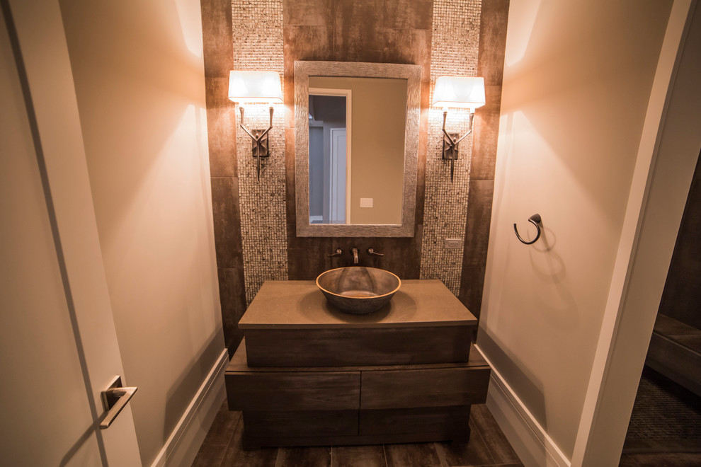 Inspiration for an expansive transitional bathroom in Chicago with furniture-like cabinets, brown cabinets, quartzite benchtops, brown tile and ceramic tile.