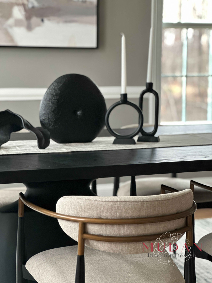Kitchen/dining room combo - large transitional medium tone wood floor, brown floor and wainscoting kitchen/dining room combo idea with gray walls
