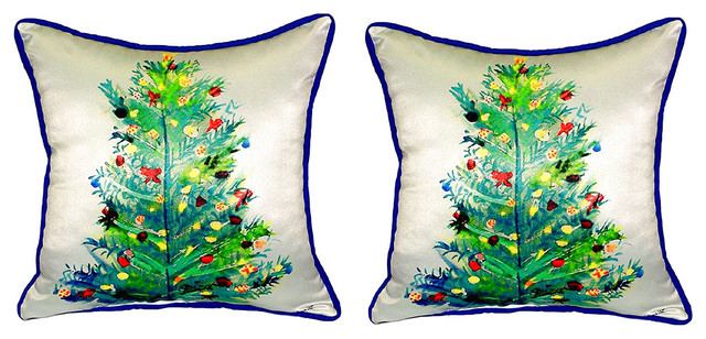 Pair of Betsy Drake Christmas Tree Small Outdoor/Indoor Pillows 12 In. X 12 In.